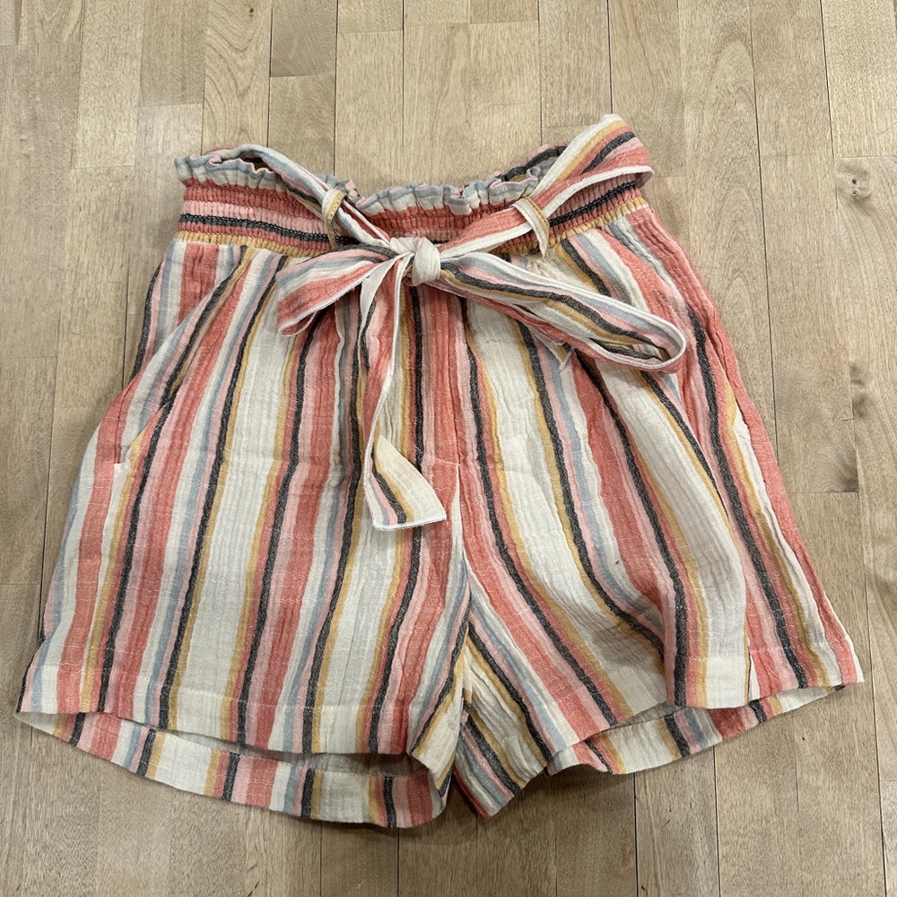 High-Waist Striped Paperbag Shorts in Coral & Cream